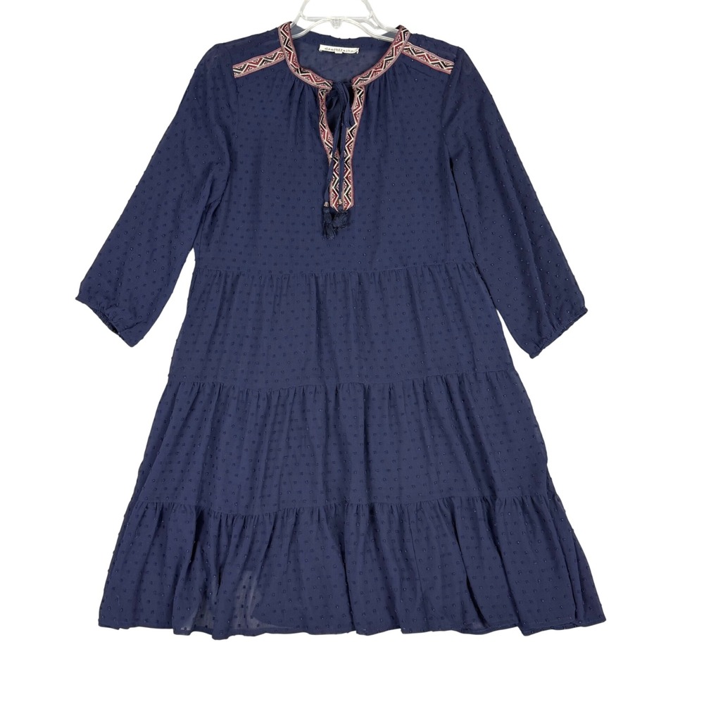 Daniel Rainn Navy Blue Swiss Dot Tiered Boho Peasant Dress Size Medium